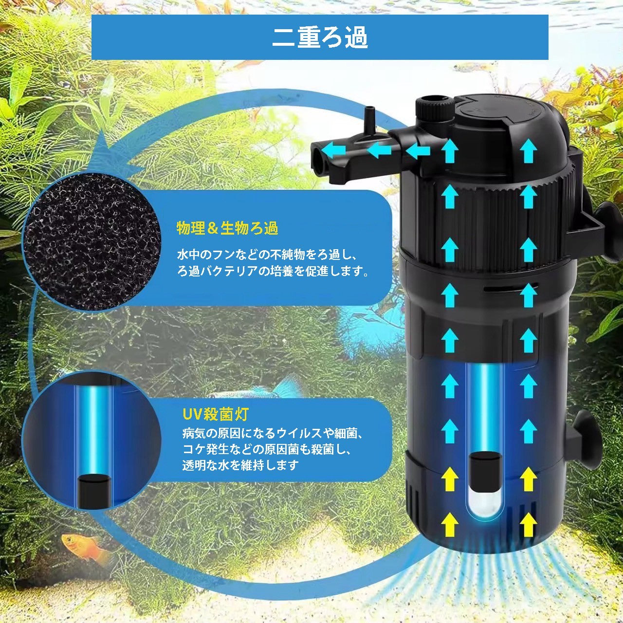 【プロ監修×殺菌灯内蔵】 殺菌灯内蔵水中フィルター